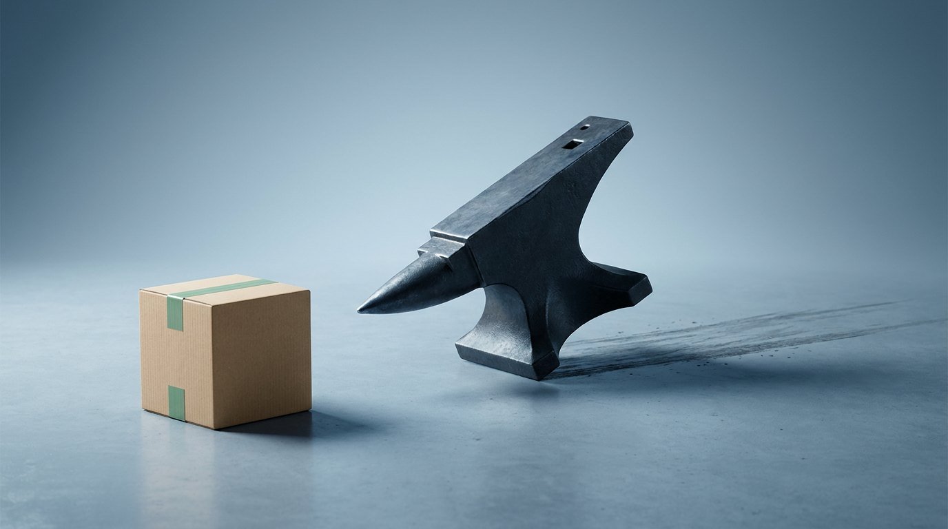 Symbolbild WooCommerce-Performance (Paket schiebt Amboss seitlich weg)