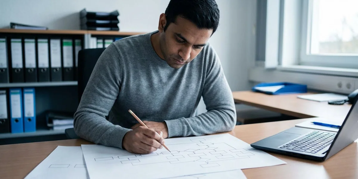 Entwickler zeichnet ein Verzweigungsdiagramm aus leeren Kästchen auf Papier