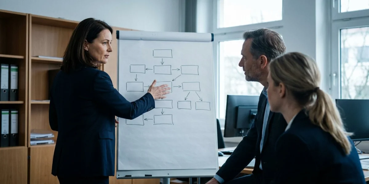 Beraterin erklärt zwei Zuhörern einen Ablaufplan am Flipchart