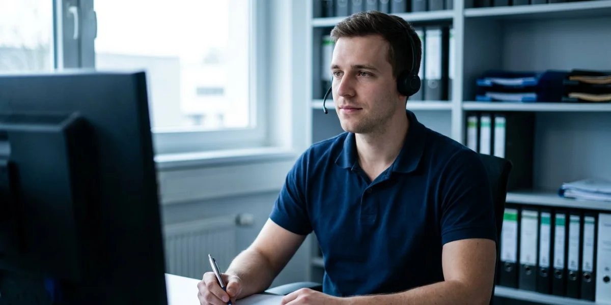 Servicemitarbeiter mit Headset hört zu und macht Notizen am Arbeitsplatz