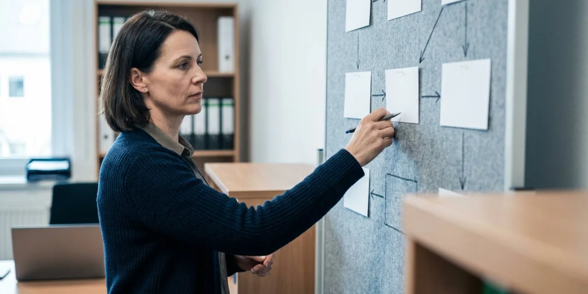 Fachfrau ordnet Prozesskarten mit Pfeilen an einer Stellwand im Büro